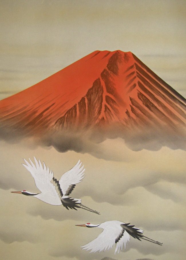 Red Mt. Fuji & Flying Cranes