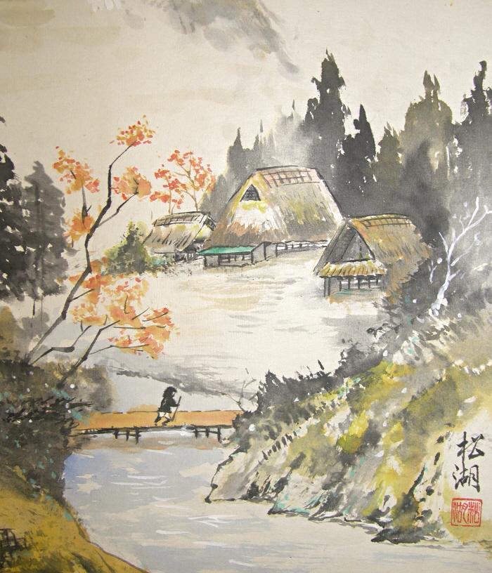 SP-10048 [ Japanese Old-Time Village View ] Vintage Kakemono Wall Scroll