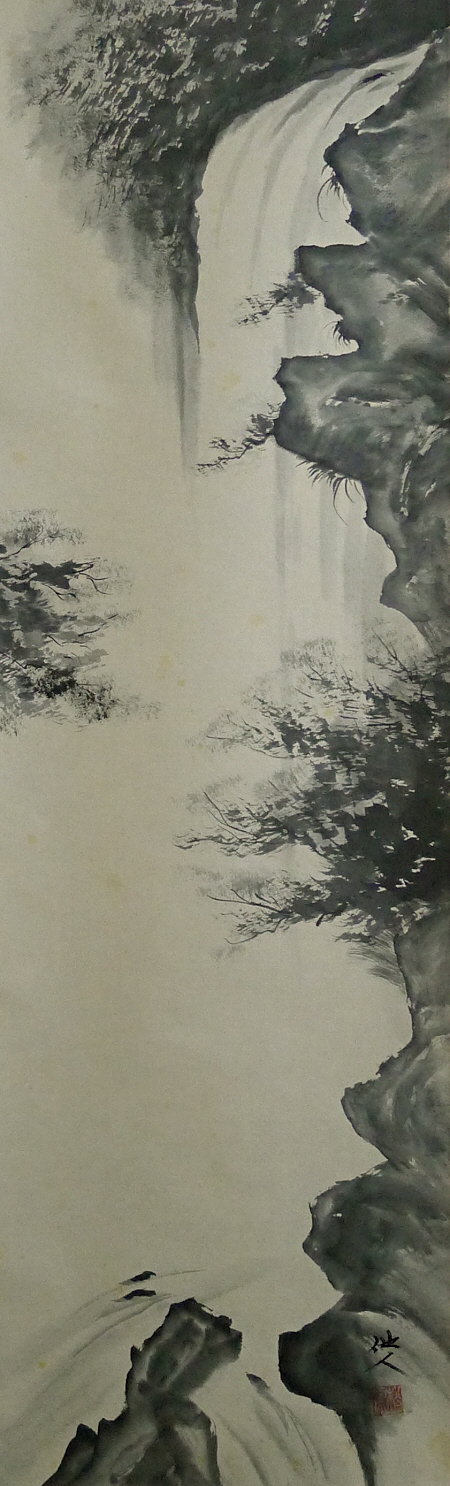 Waterfall, Sansui-ga painted with Japanese brush & black Sumi ink