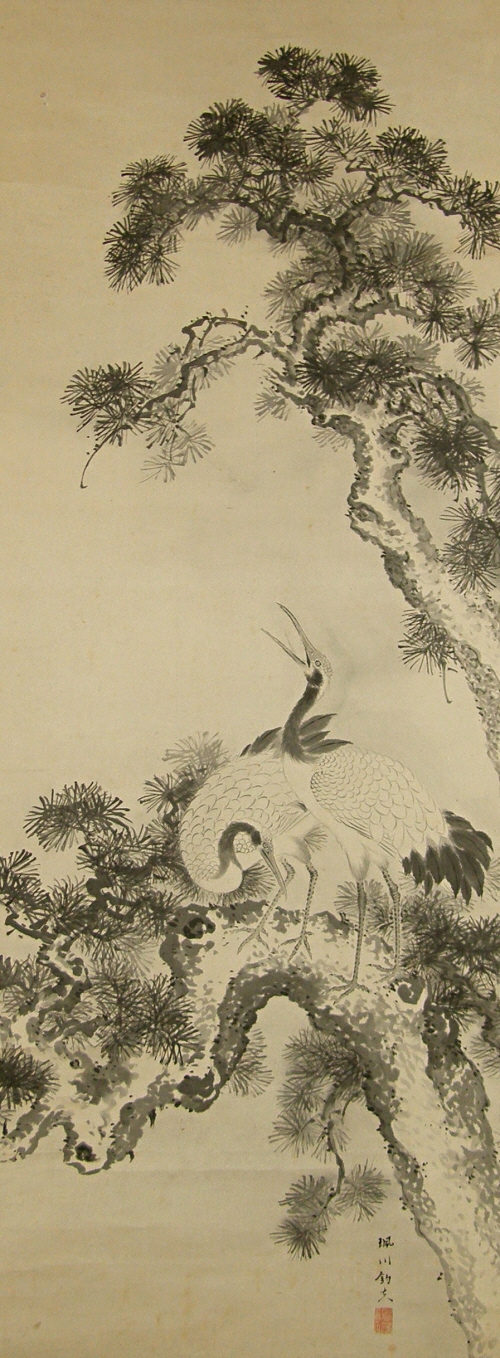 Tsuru Birds and Matsu Tree drawn in the Suiboku