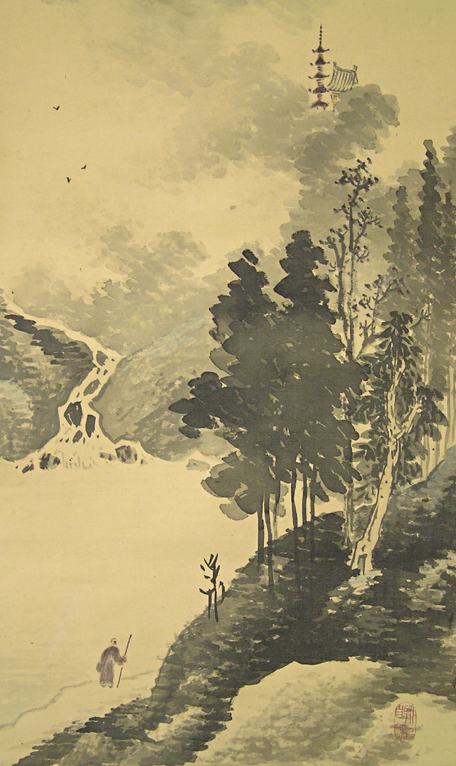 SS-10015 [ A Monk Walking along a River ] Japanese Antique Landscape ...