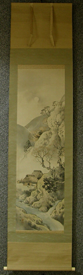 Ss-10162 [ Straw Huts Under Moon ] Japanese Vintage Kakejiku Landscape Art