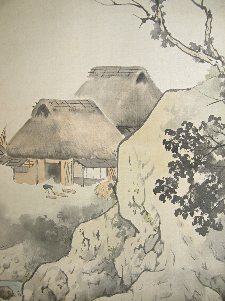 SS-10162 [ Straw Huts under Moon ] Japanese Vintage Kakejiku Landscape Art