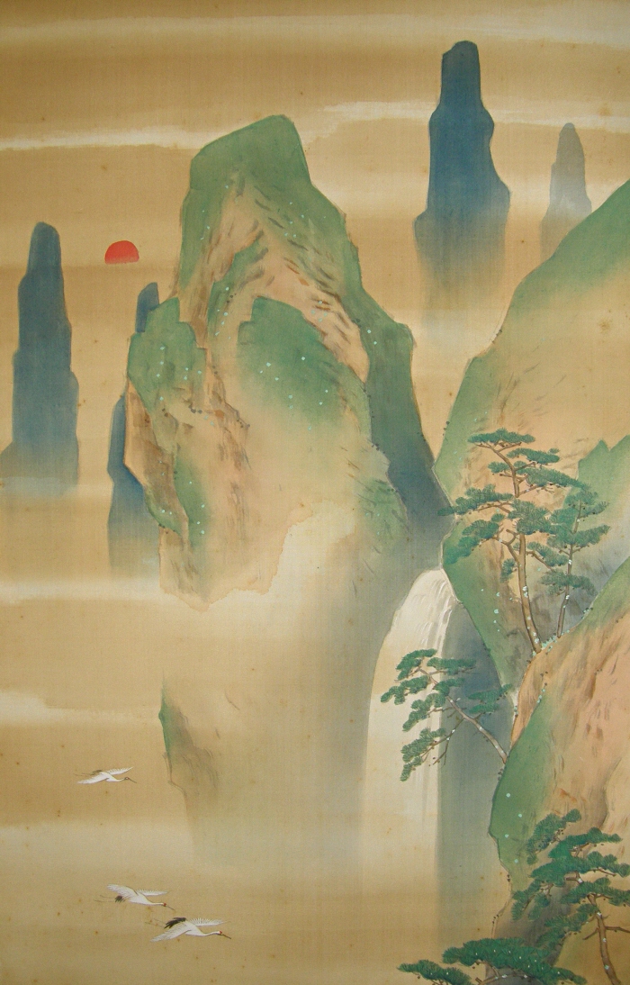 The Sun, Waterfall, Tsuru Birds, Mountains