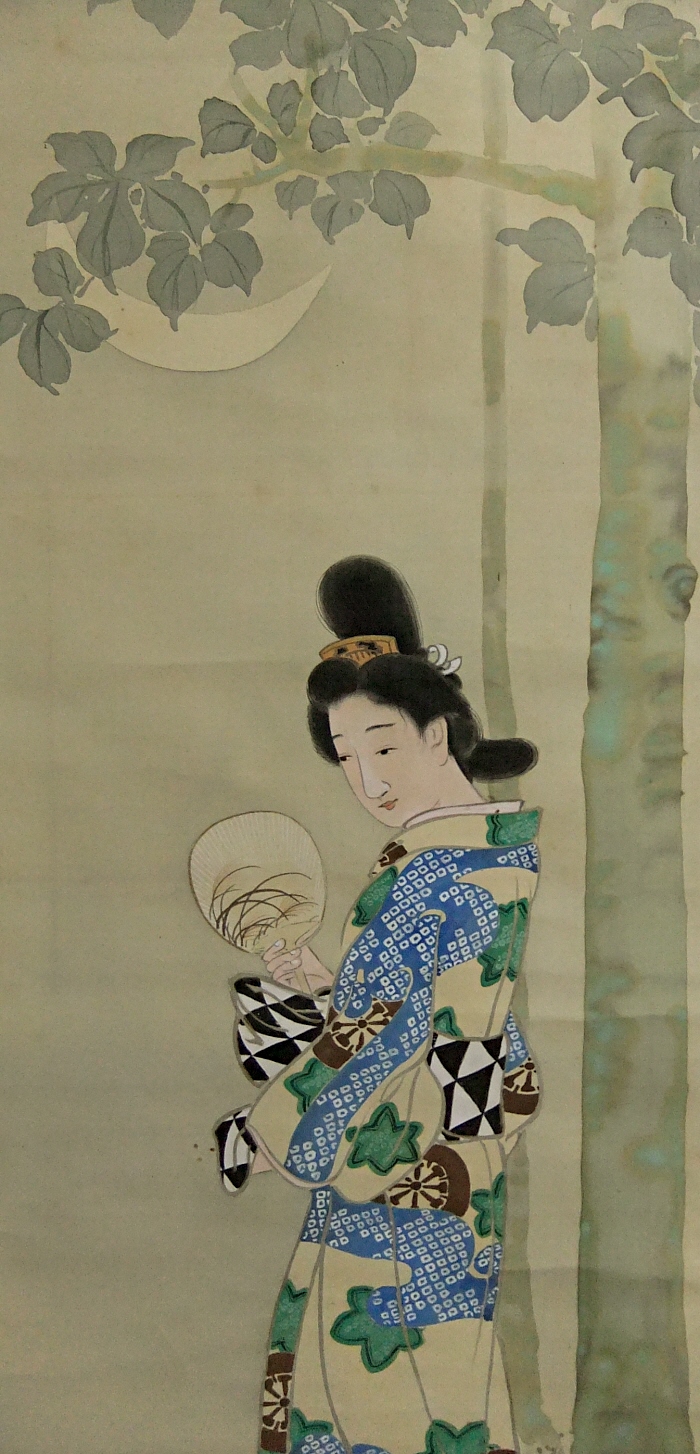 Beauty with Sensu Japanese Fan under the Moon