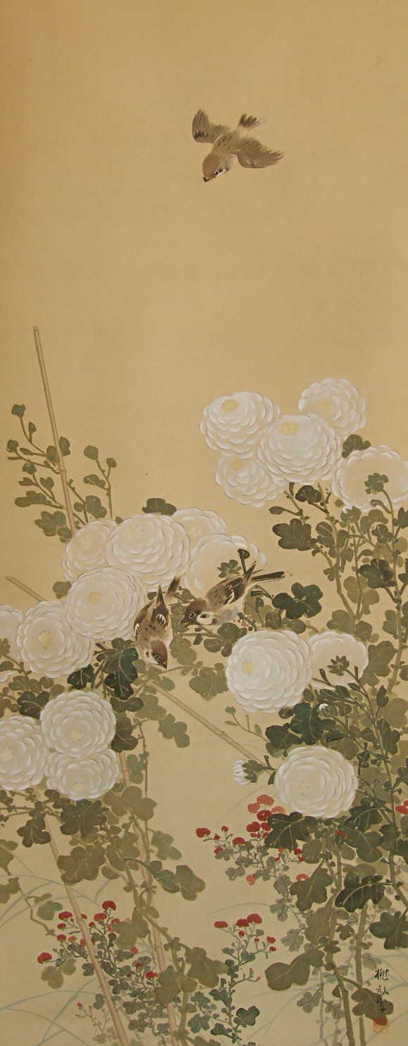 Japanese Kiku Flowers, Sparrows