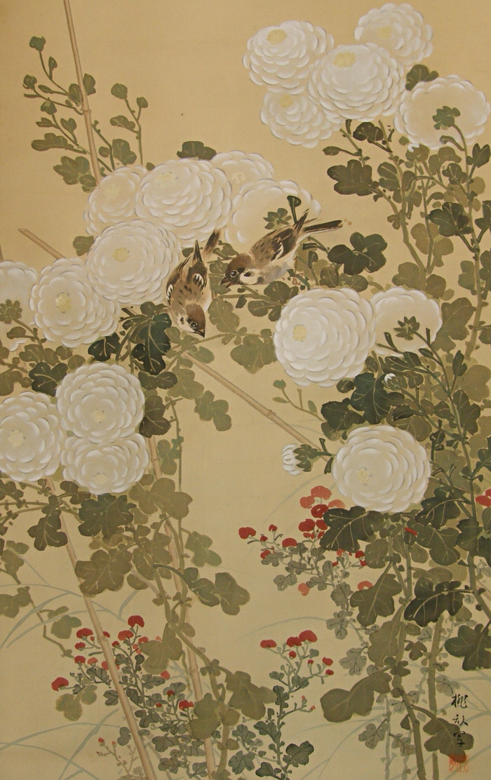 SS-40079 [ Kiku Flowers & Sparrows ] Japanese Old Pictorical Art