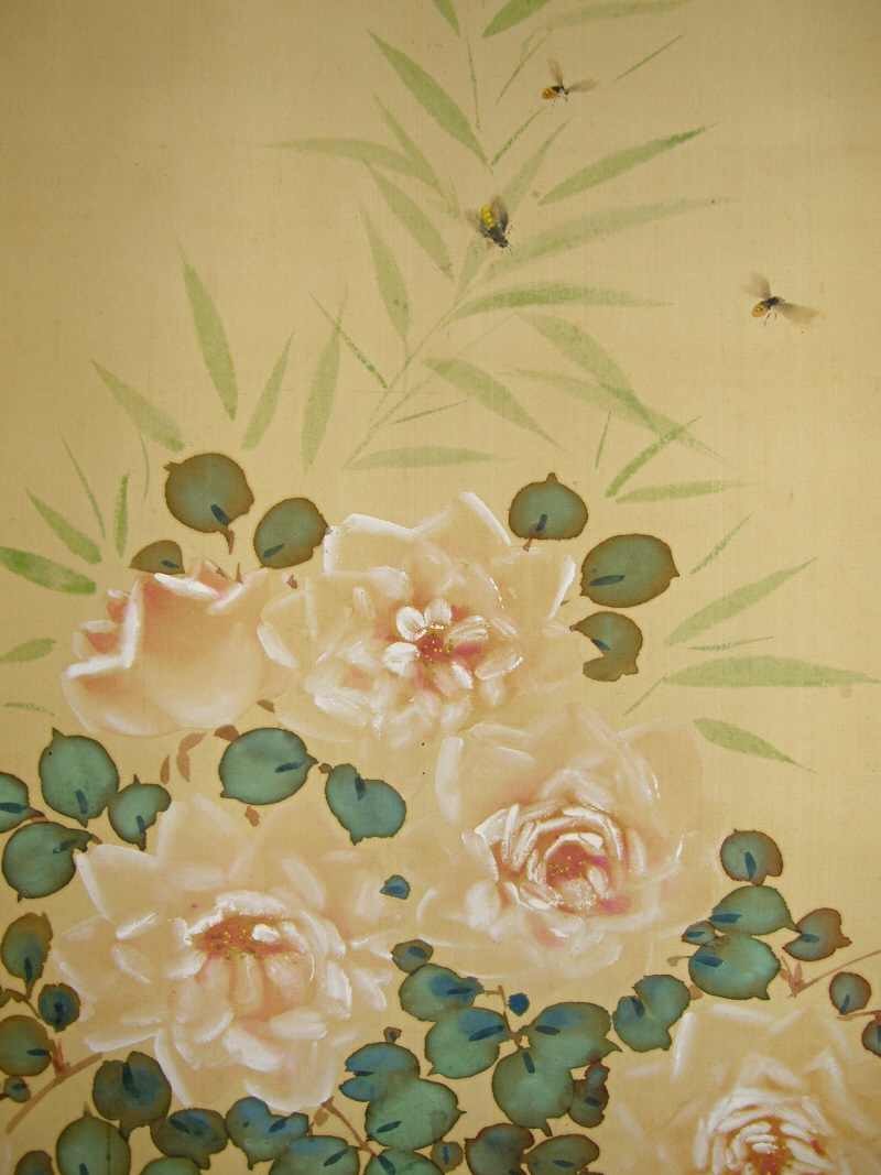 Bees, Japanese Rose Flowers & Leaves