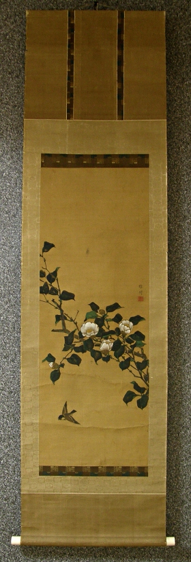 SS-40091 [ Japanese Camellia Flowers & Sparrow ] Antique Kakemono Wall ...