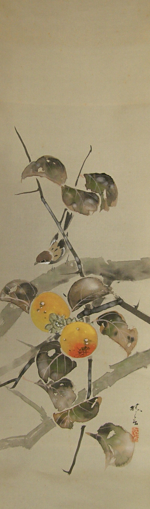 Japanese Date Plum Nuts and Leaves, Sparrow