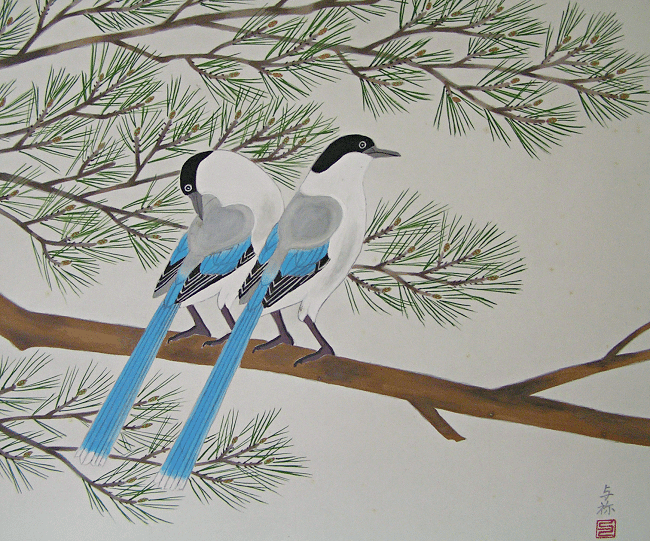 Onagadori birds on a Matsu branch