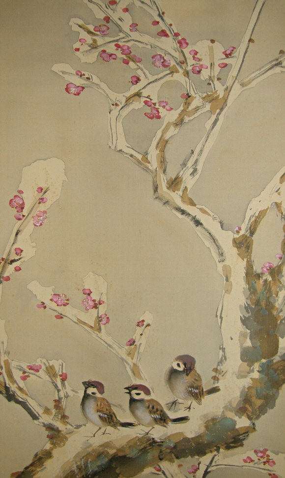 Japanese Apricot Tree and Sparrows