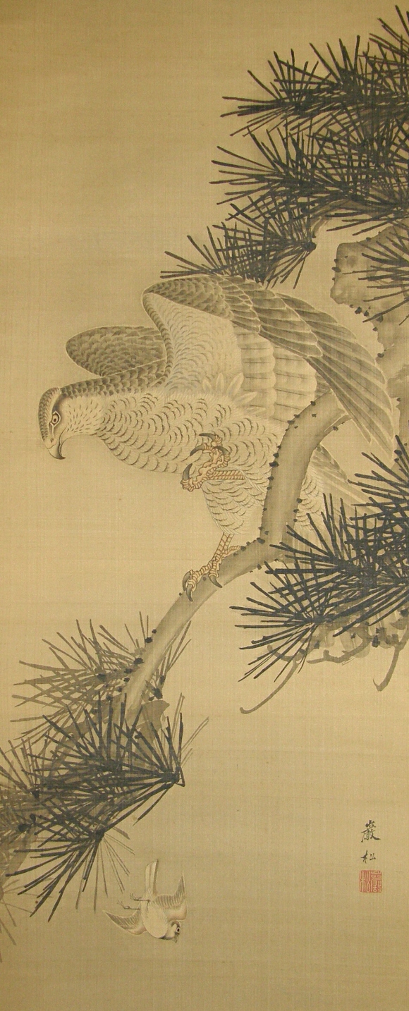 SS-50176 [ Hawk Targeting Sparrow ] Japanese Antique Makimono Painting